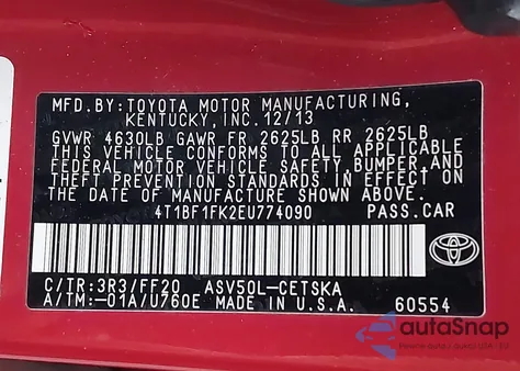 2014 Toyota Camry L из США, поврежденный, VIN 4T1BF1FK2EU774090